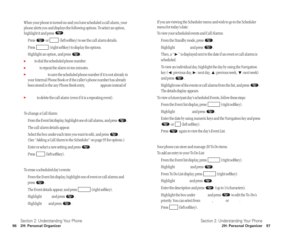 Call alarm menu, Editing call alarms options, Erasing a day’s events or call alarms | Going to today’s scheduler menu, Adding to do items | Sanyo SCP-6400 User Manual | Page 54 / 100