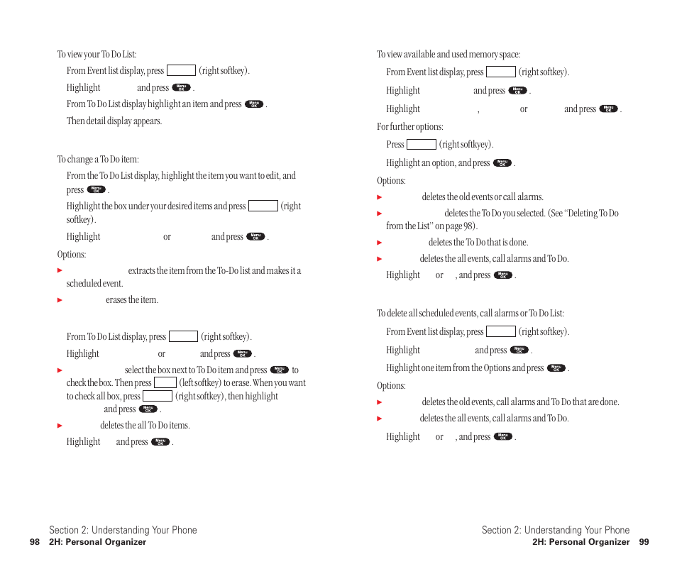 Viewing to do items, Editing to do items, Deleting to do from the list | Viewing event, call alarm or to do list, Purging all events, call alarms or to do list | Sanyo SCP-6400 User Manual | Page 55 / 100