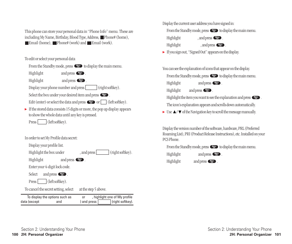 Personal information management, Displaying user address, Getting to know icon indication | Displaying the version information | Sanyo SCP-6400 User Manual | Page 56 / 100