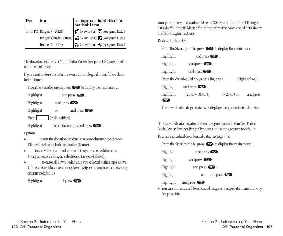 Viewing the downloaded ringer data size, Erasing all downloaded data | Sanyo SCP-6400 User Manual | Page 59 / 100