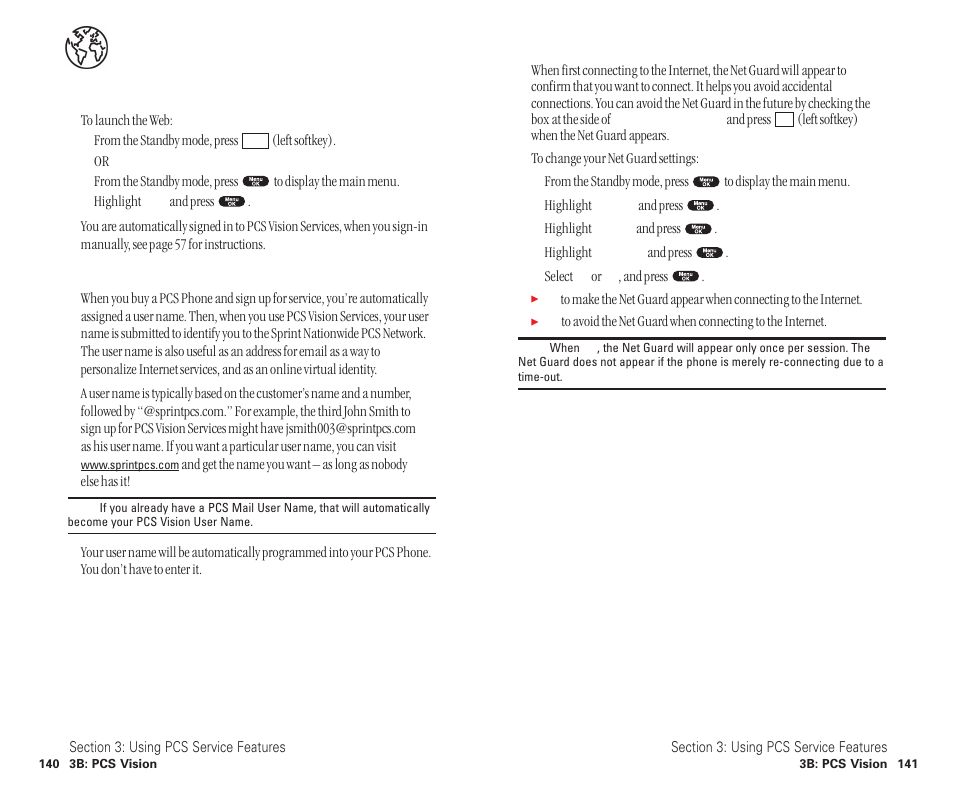 Browsing the web on your phone, Launching the web, Your user name | Net guard | Sanyo SCP-6400 User Manual | Page 76 / 100