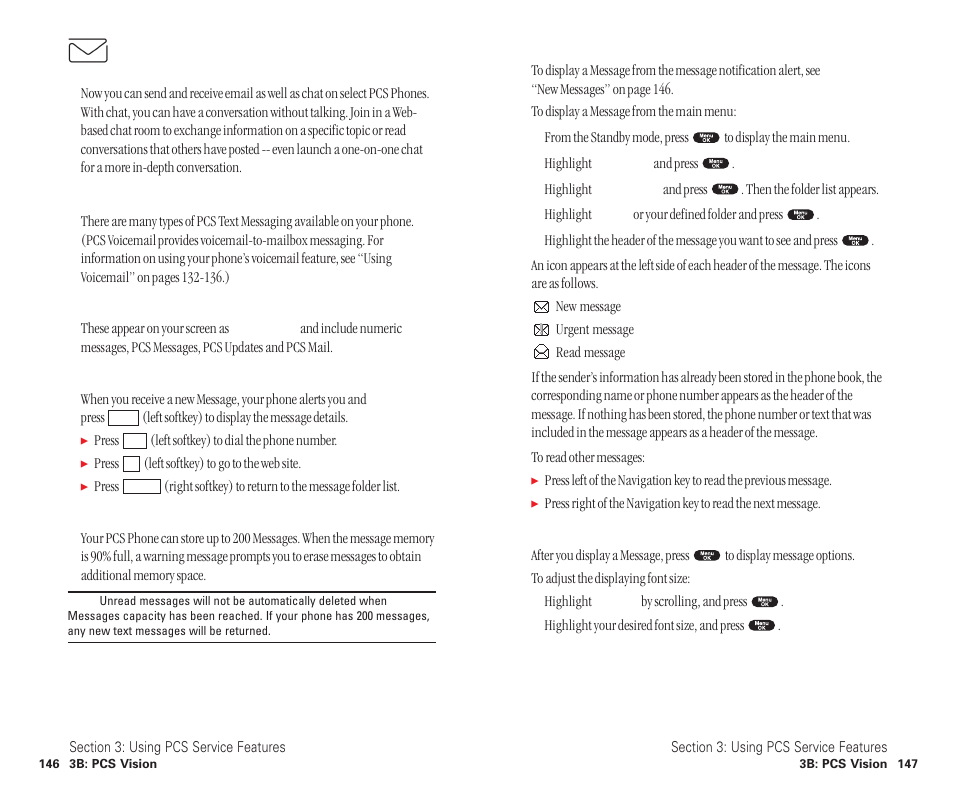Messaging, Message types, Pcs messages | New messages, Message storage, Displaying messages, Changing the displaying font size of a message | Sanyo SCP-6400 User Manual | Page 79 / 100