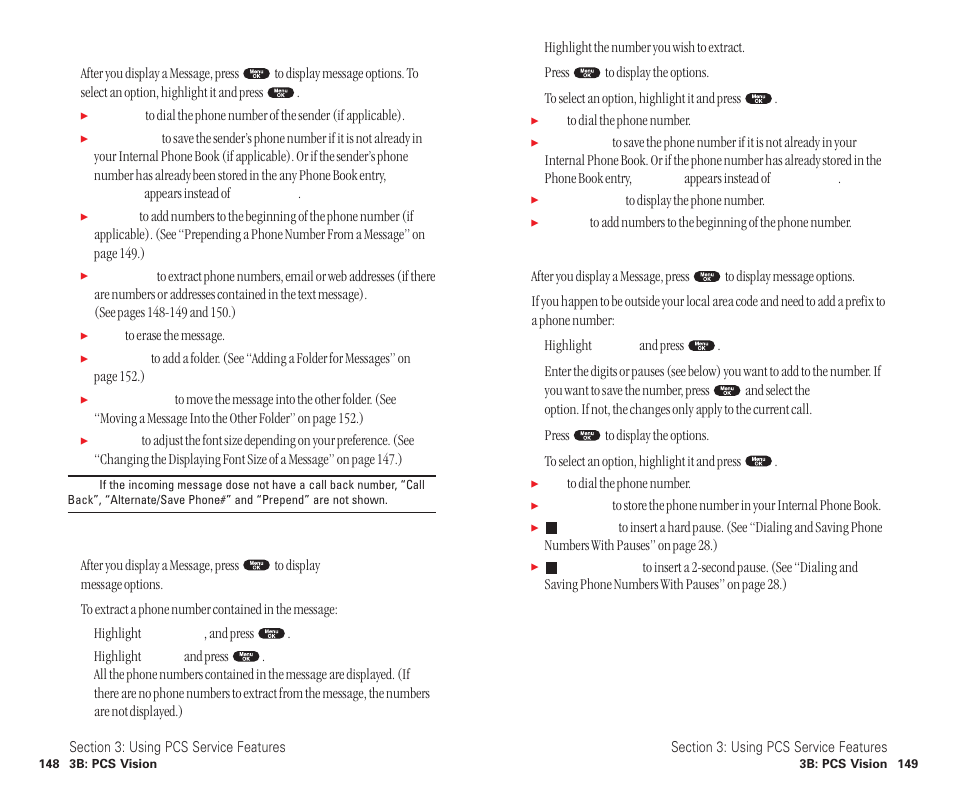 Message options, Extracting phone numbers from a message, Prepending a phone number from a message | Sanyo SCP-6400 User Manual | Page 80 / 100