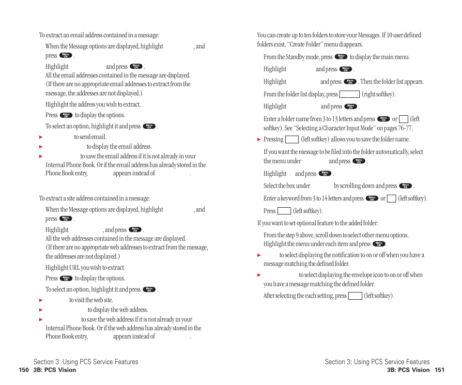 Extracting e-mail addresses from a message, Extracting urls from a message, Creating folders for messages | Sanyo SCP-6400 User Manual | Page 81 / 100