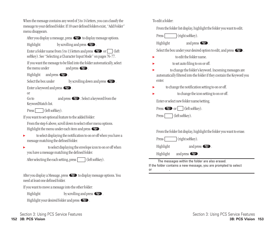 Adding a folder for messages, Moving a message into the other folder, Editing folders | Erasing a folder including messages | Sanyo SCP-6400 User Manual | Page 82 / 100