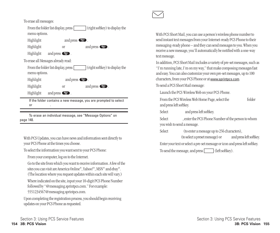 Erasing all messages, Signing up for pcs updates, Pcs short mail | Using pcs short mail | Sanyo SCP-6400 User Manual | Page 83 / 100