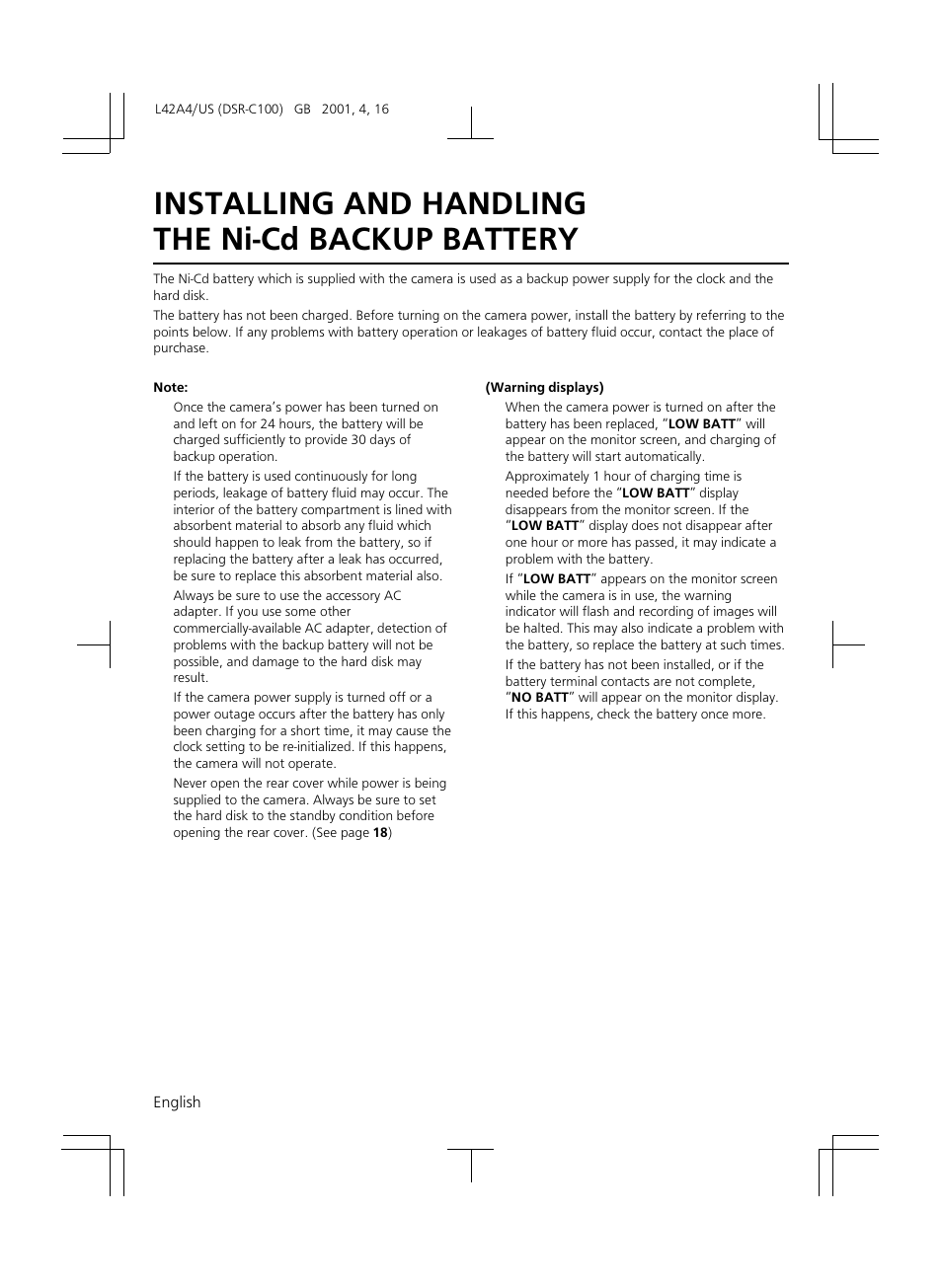 Installing and handling the ni-cd backup battery | Sanyo DSR-C100 User Manual | Page 12 / 45