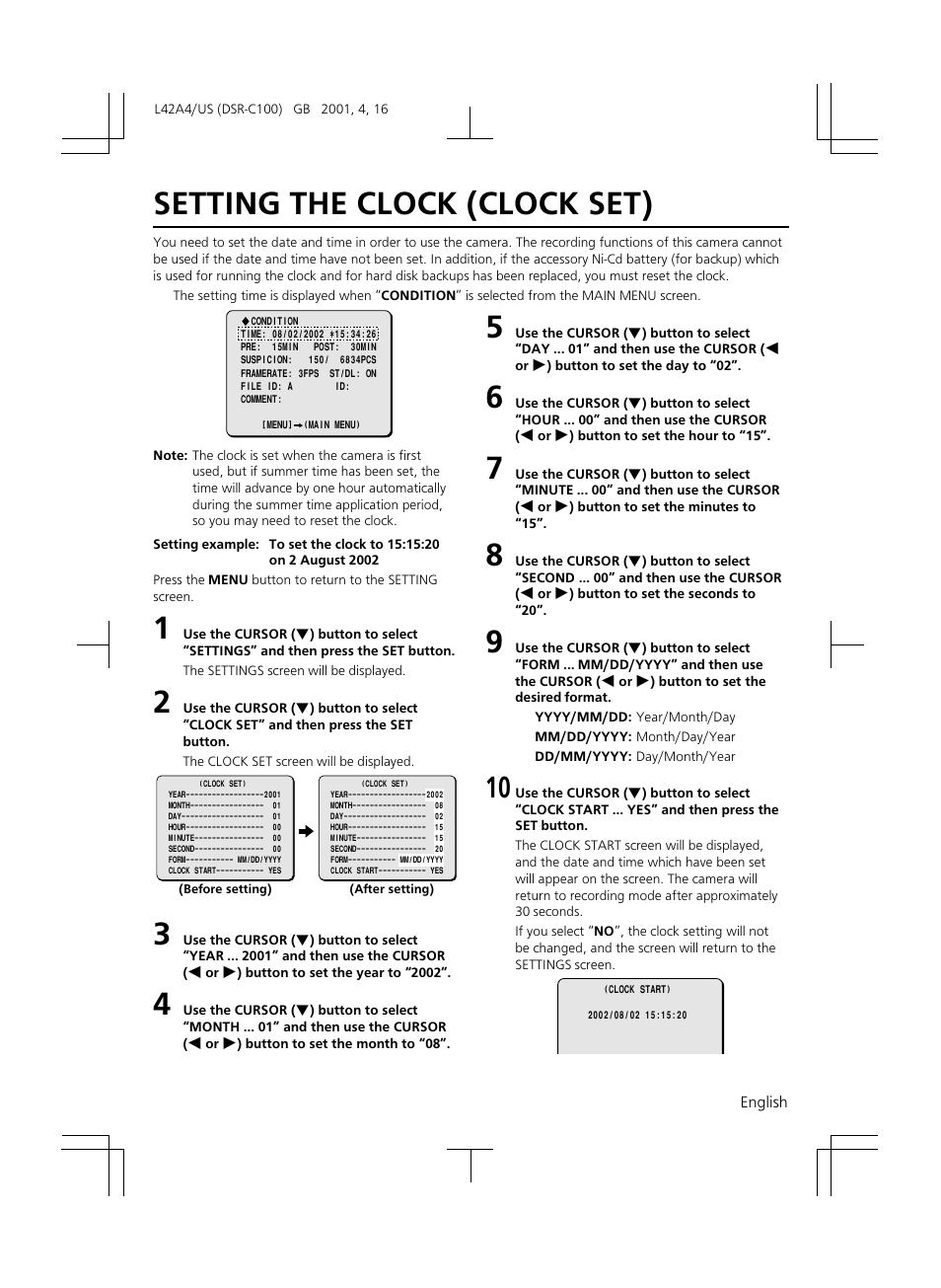 Setting the clock (clock set) | Sanyo DSR-C100 User Manual | Page 23 / 45