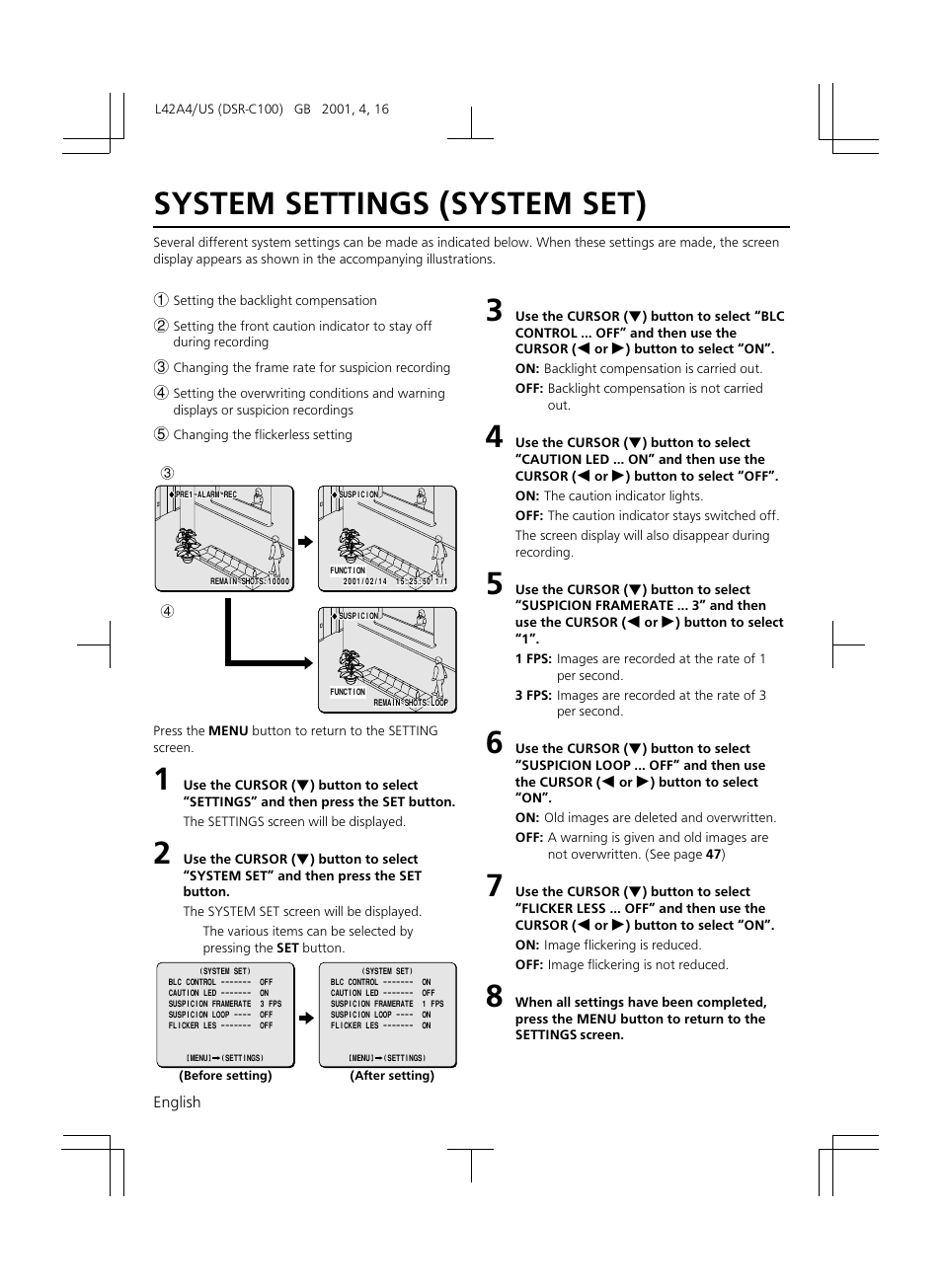 System settings (system set) | Sanyo DSR-C100 User Manual | Page 24 / 45