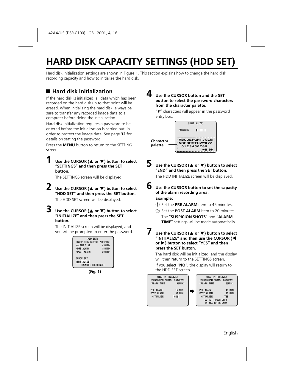 Hard disk capacity settings (hdd set), Hard disk initialization | Sanyo DSR-C100 User Manual | Page 25 / 45