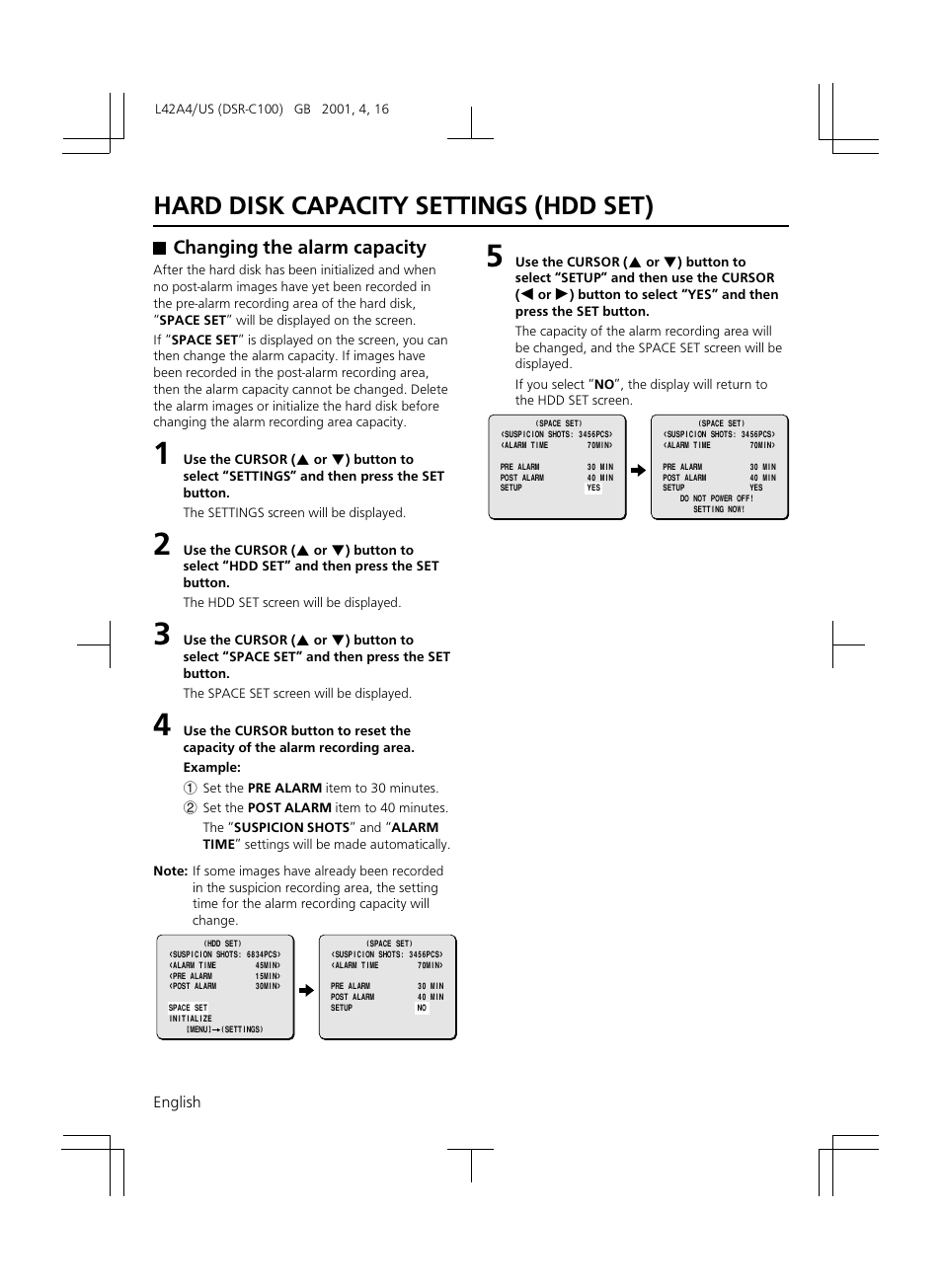 Hard disk capacity settings (hdd set), Changing the alarm capacity | Sanyo DSR-C100 User Manual | Page 26 / 45