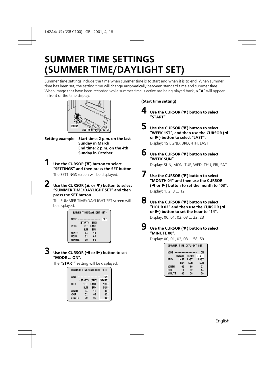 Summer time settings (summer time/daylight set) | Sanyo DSR-C100 User Manual | Page 27 / 45