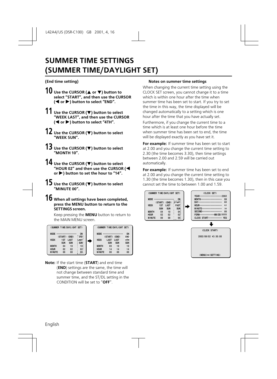 Summer time settings (summer time/daylight set) | Sanyo DSR-C100 User Manual | Page 28 / 45