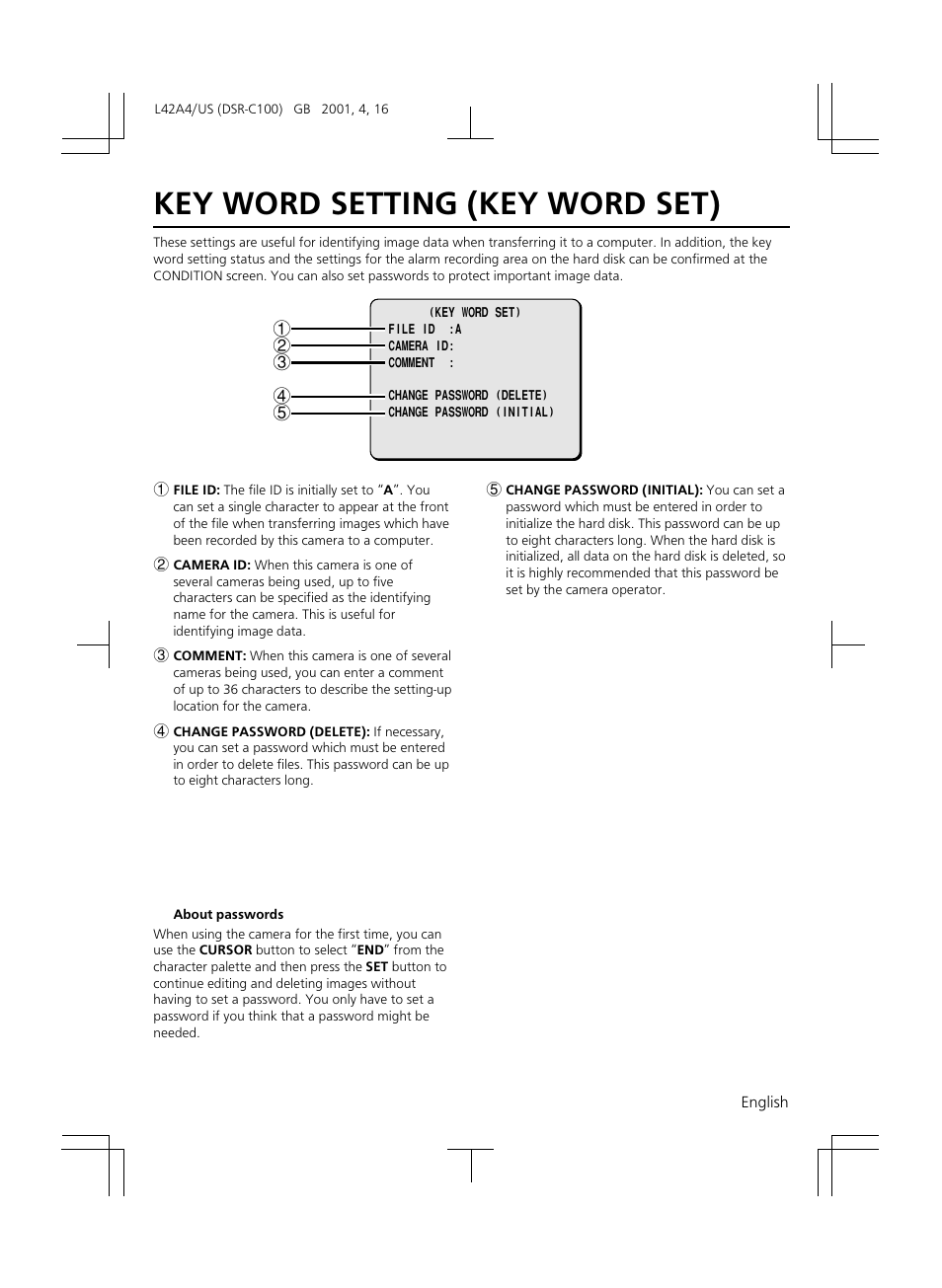 Key word setting (key word set) | Sanyo DSR-C100 User Manual | Page 29 / 45