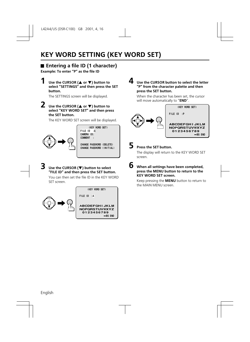 Key word setting (key word set), Entering a file id (1 character) | Sanyo DSR-C100 User Manual | Page 30 / 45