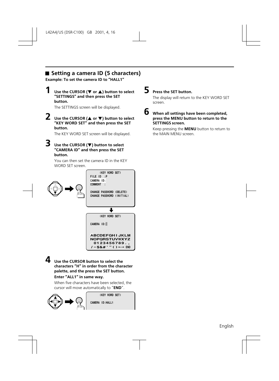 Setting a camera id (5 characters) | Sanyo DSR-C100 User Manual | Page 31 / 45