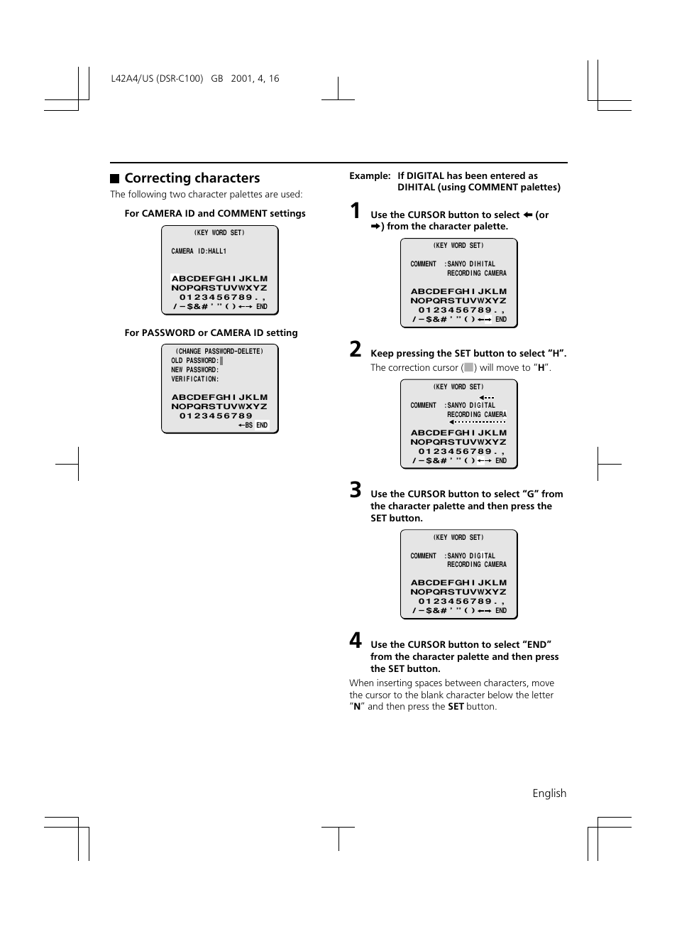 Correcting characters | Sanyo DSR-C100 User Manual | Page 37 / 45