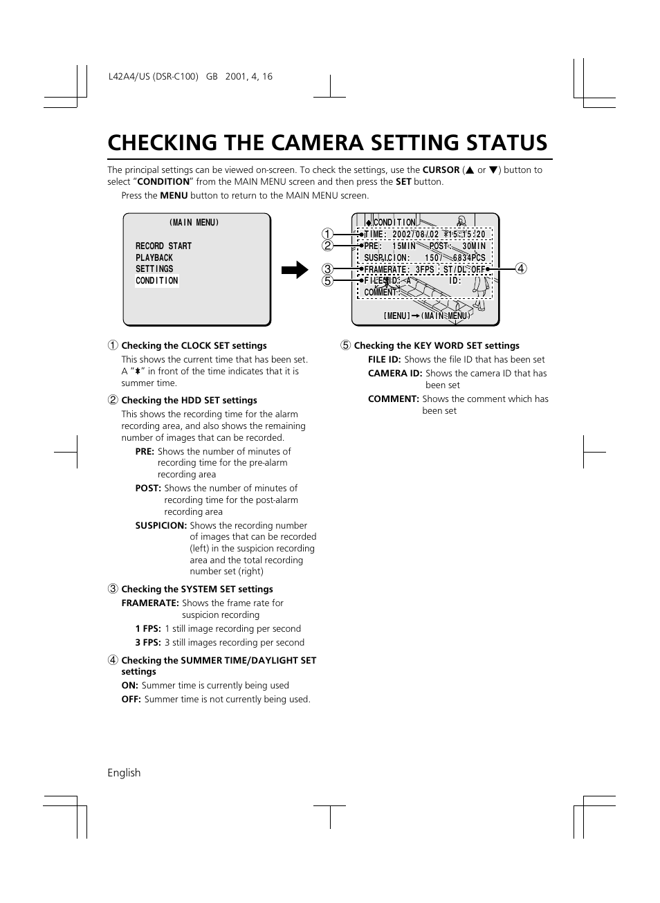 Checking the camera setting status | Sanyo DSR-C100 User Manual | Page 38 / 45