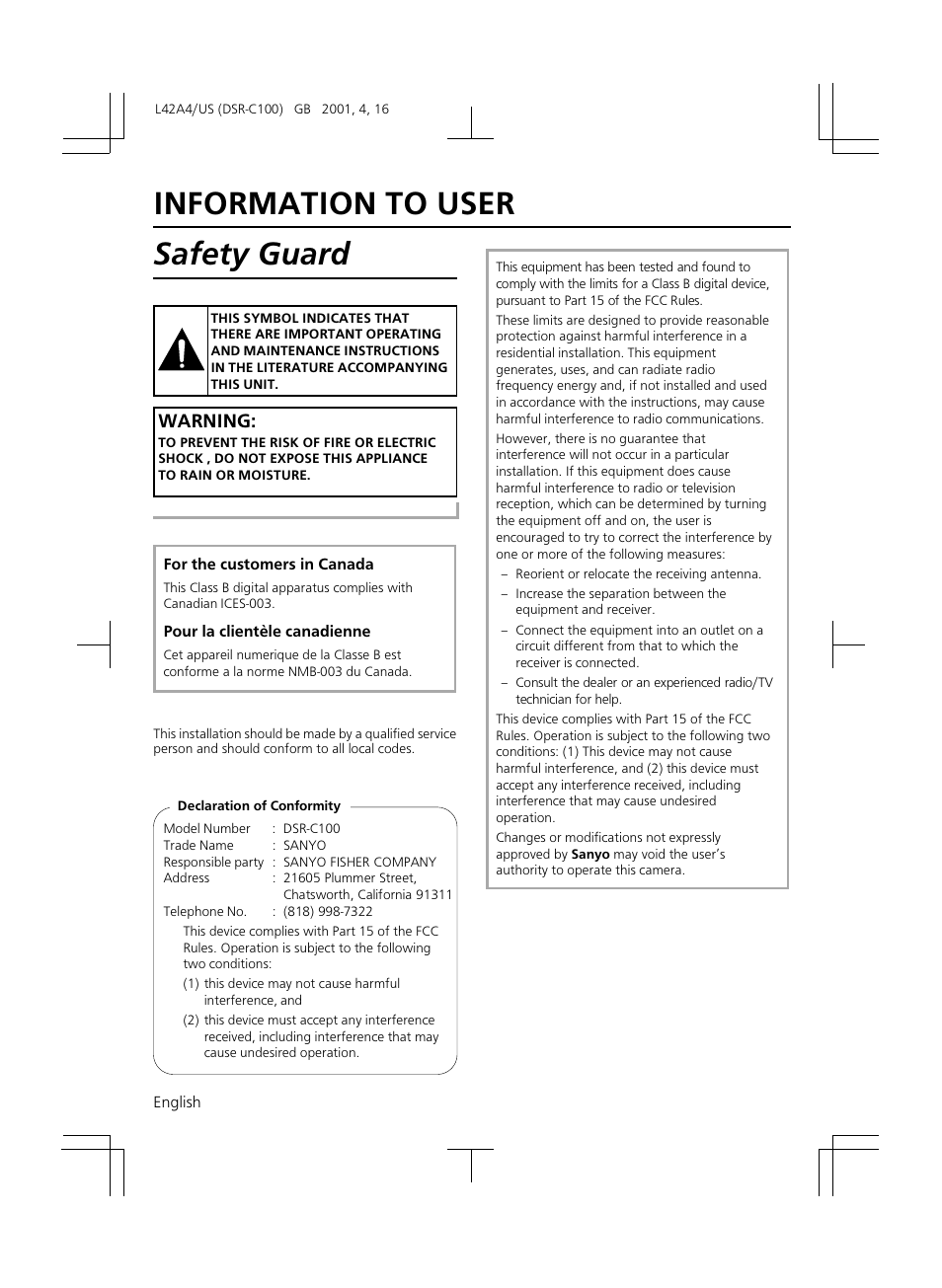 Information to user safety guard, Warning | Sanyo DSR-C100 User Manual | Page 4 / 45