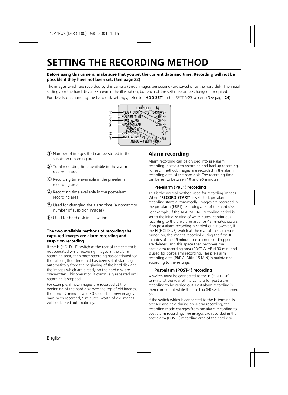 Setting the recording method, Alarm recording | Sanyo DSR-C100 User Manual | Page 40 / 45