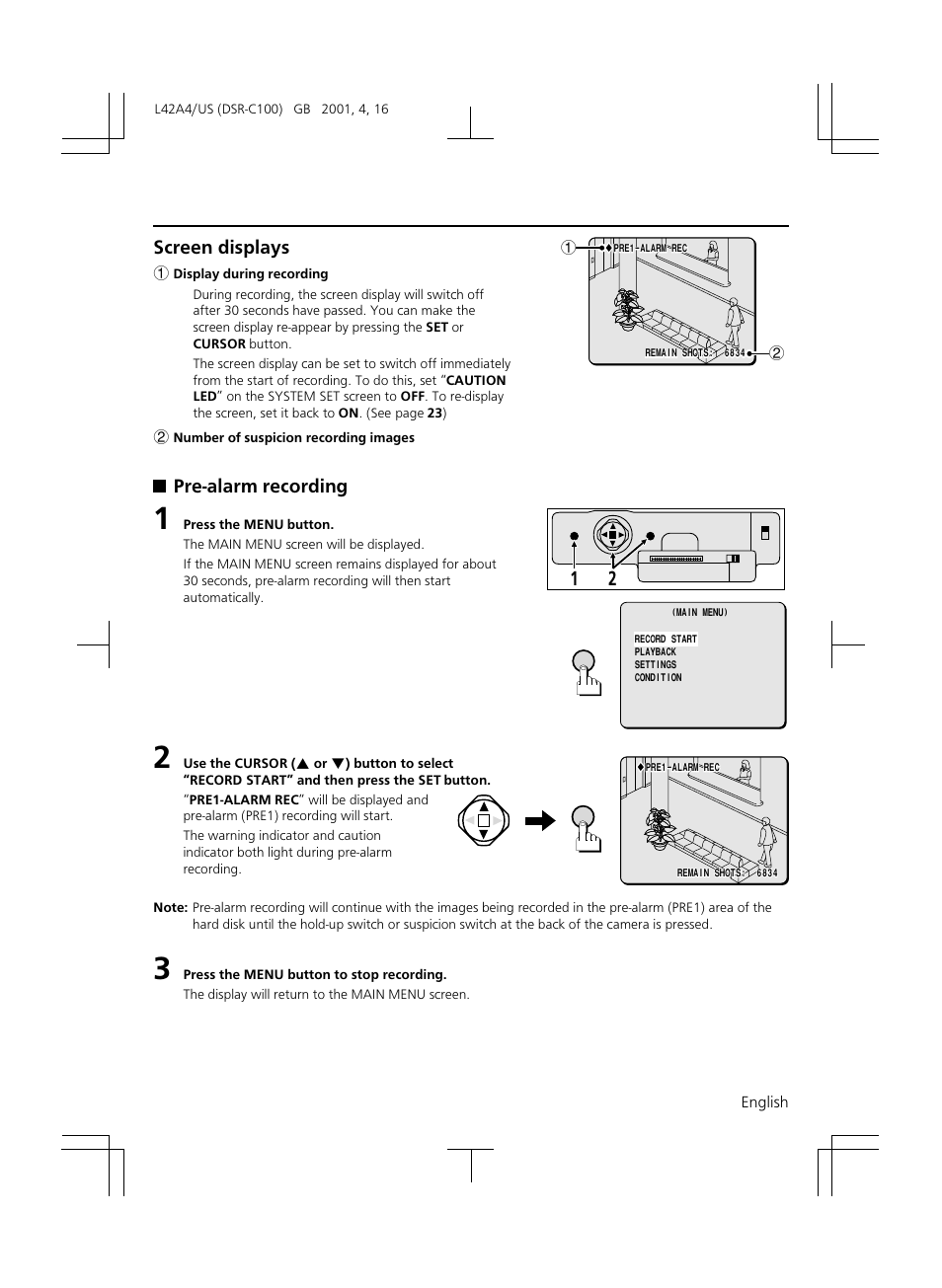 Screen displays, Pre-alarm recording | Sanyo DSR-C100 User Manual | Page 43 / 45