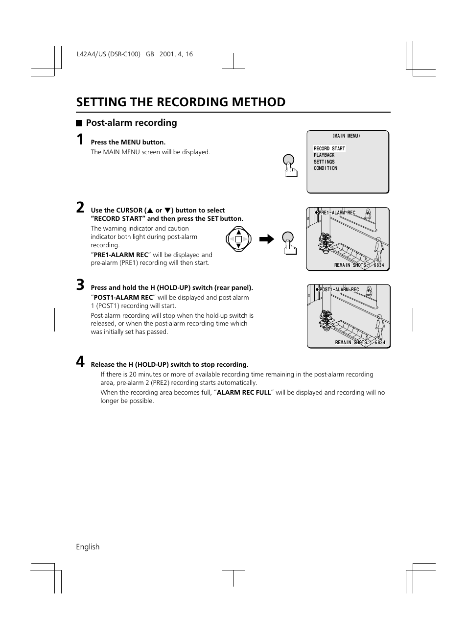 Setting the recording method, Post-alarm recording | Sanyo DSR-C100 User Manual | Page 44 / 45