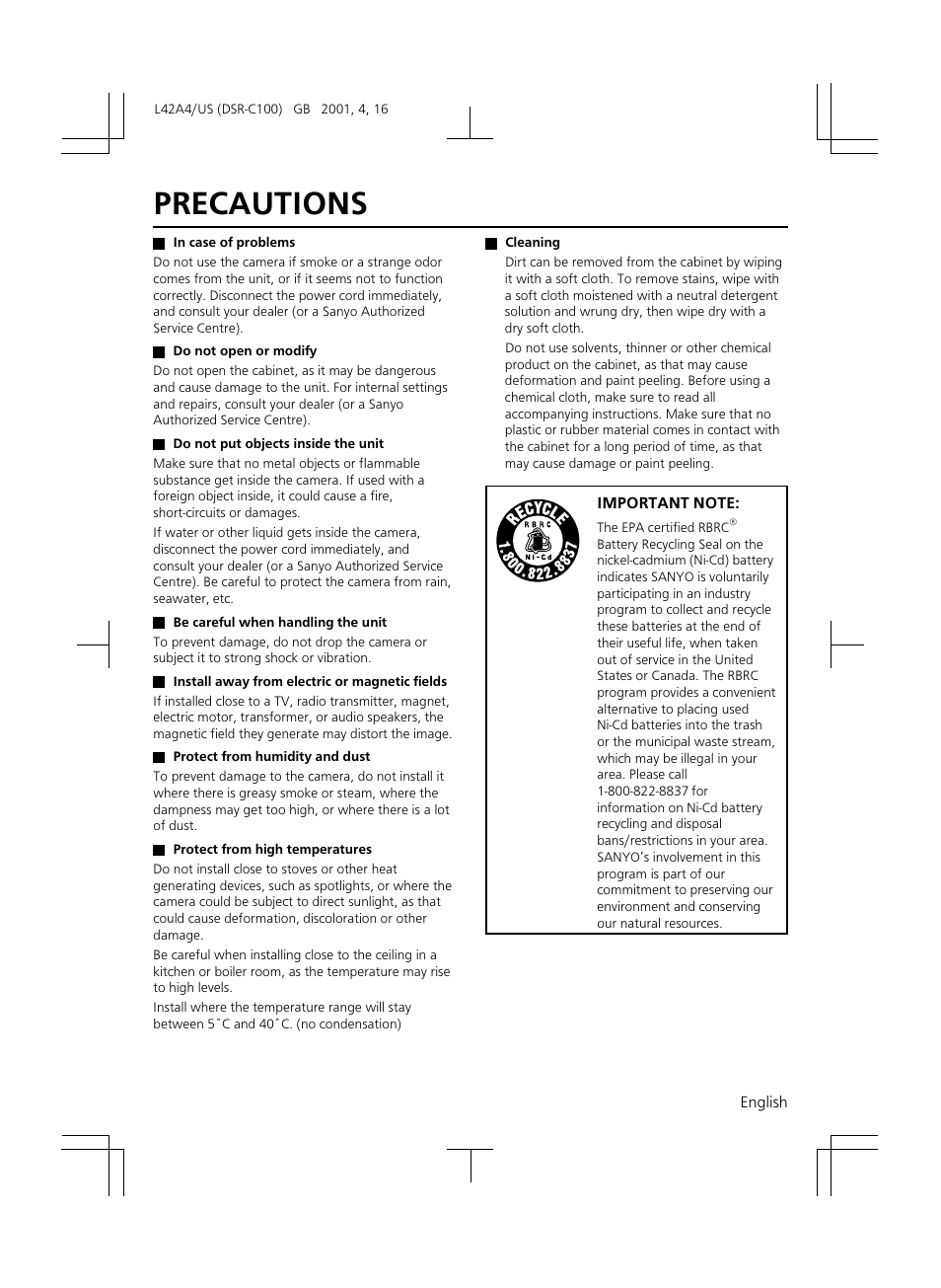 Precautions | Sanyo DSR-C100 User Manual | Page 5 / 45