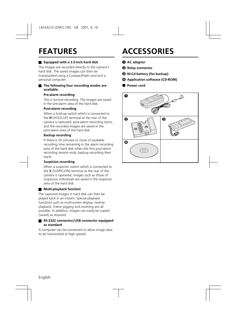 Features, Accessories | Sanyo DSR-C100 User Manual | Page 6 / 45