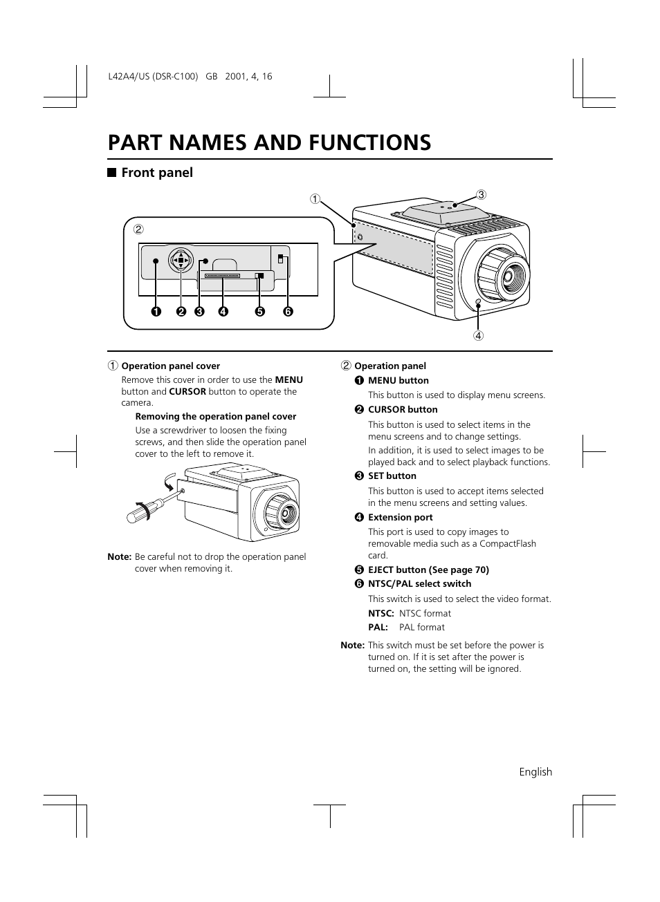 Part names and functions, Front panel | Sanyo DSR-C100 User Manual | Page 7 / 45