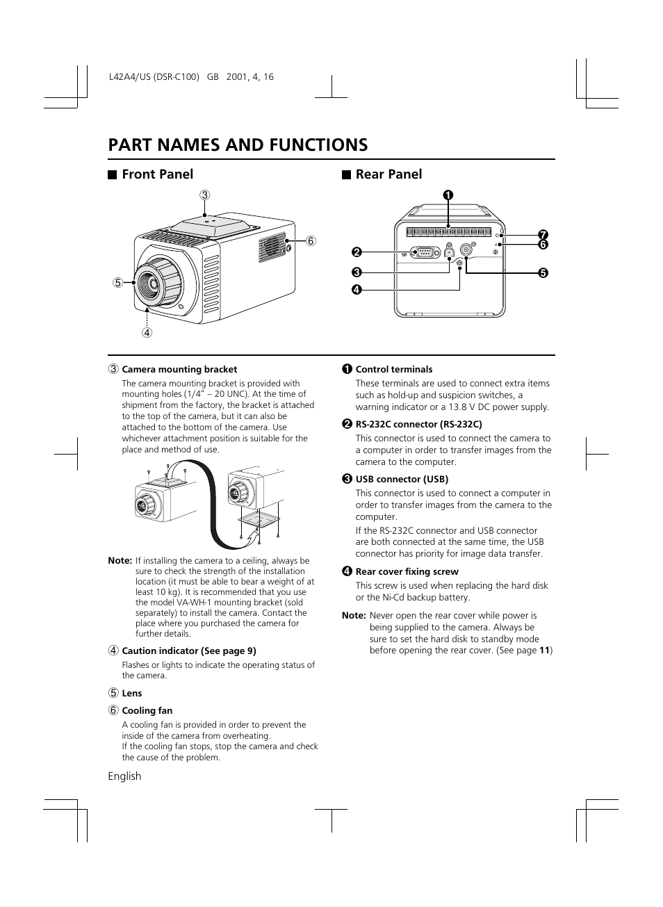 Part names and functions, Front panel rear panel | Sanyo DSR-C100 User Manual | Page 8 / 45