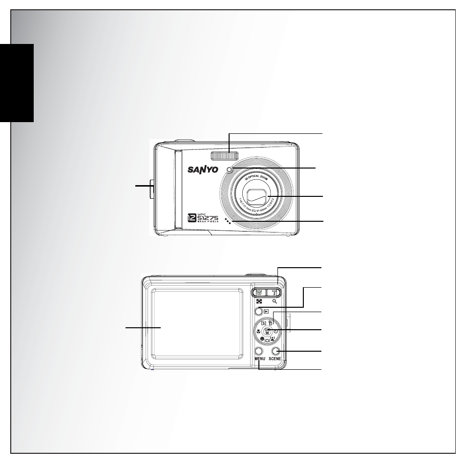 Camera views, Front view, Back view | English, Front view back view | Sanyo VPC-S1275 User Manual | Page 14 / 67