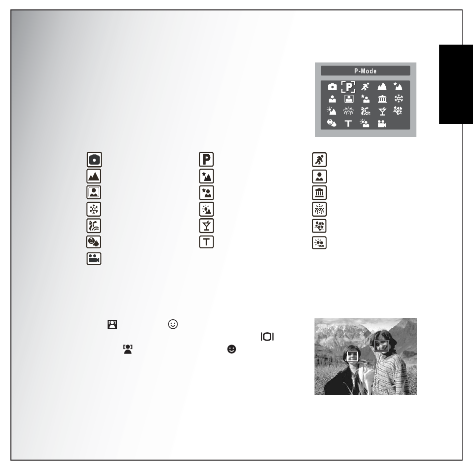 Setting the scene mode, Face and smile detection af/ae function, English | Sanyo VPC-S1275 User Manual | Page 33 / 67