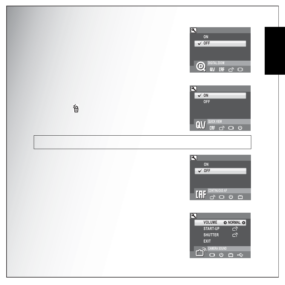 Quick view, Continuous af, Camera sound | English, Digital zoom | Sanyo VPC-S1275 User Manual | Page 55 / 67