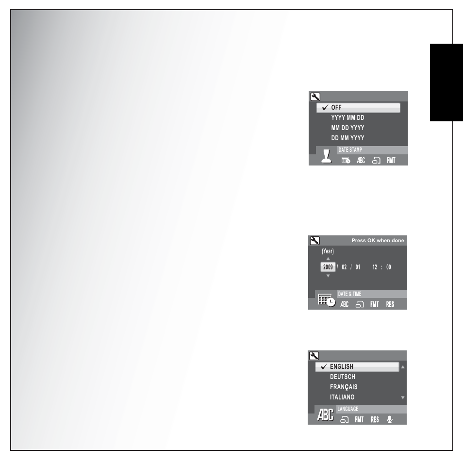 Date stamp, Date and time, Language | English | Sanyo VPC-S1275 User Manual | Page 57 / 67