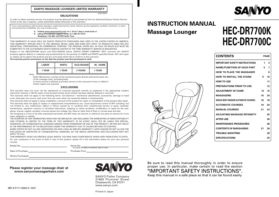 Sanyo HEC-DR7700C User Manual | 16 pages
