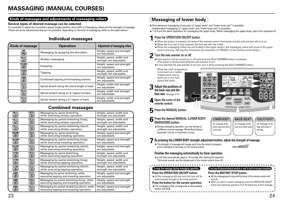 Massaging (manual courses), Individual massages, Combined massages | Massaging of lower body | Sanyo HEC-DR7700C User Manual | Page 13 / 16