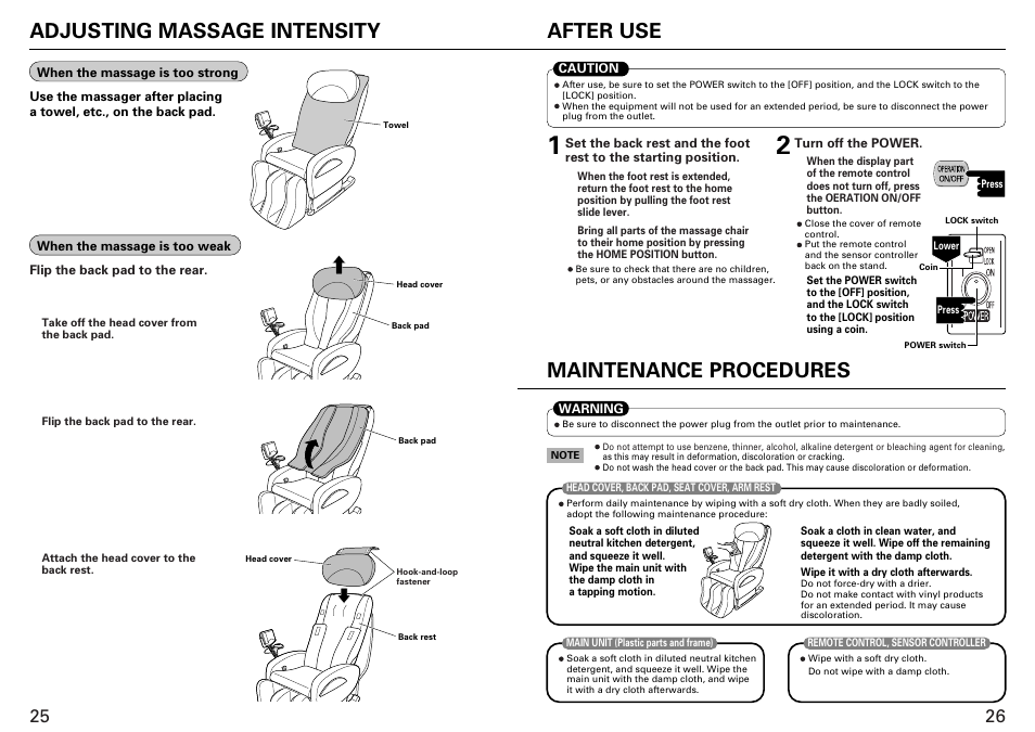 After use, Maintenance procedures, Adjusting massage intensity | Sanyo HEC-DR7700C User Manual | Page 14 / 16
