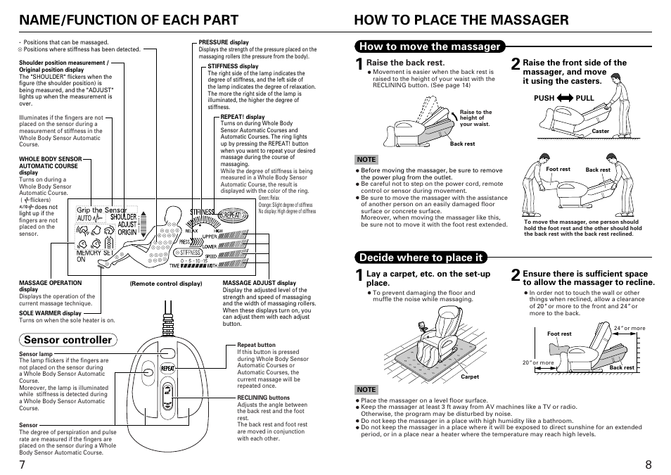 Name/function of each part, How to place the massager, Decide where to place it how to move the massager | Sensor controller | Sanyo HEC-DR7700C User Manual | Page 5 / 16
