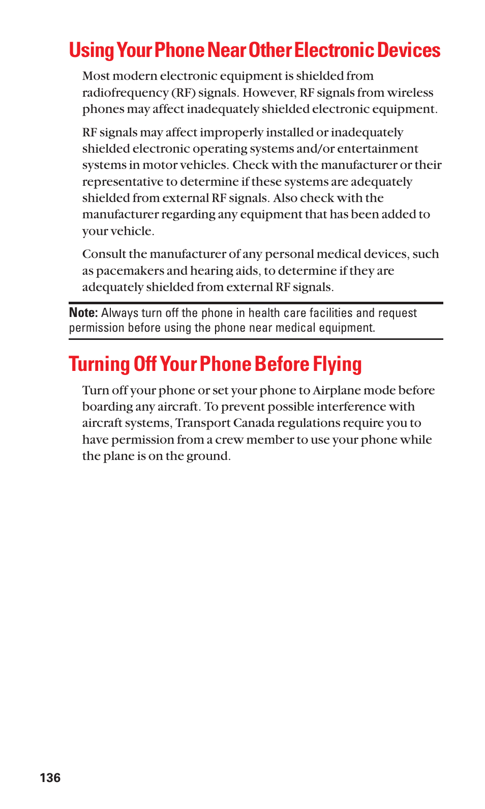 Using your phone near other electronic devices, Turning off your phone before flying | Sanyo SCP-2300 User Manual | Page 142 / 150