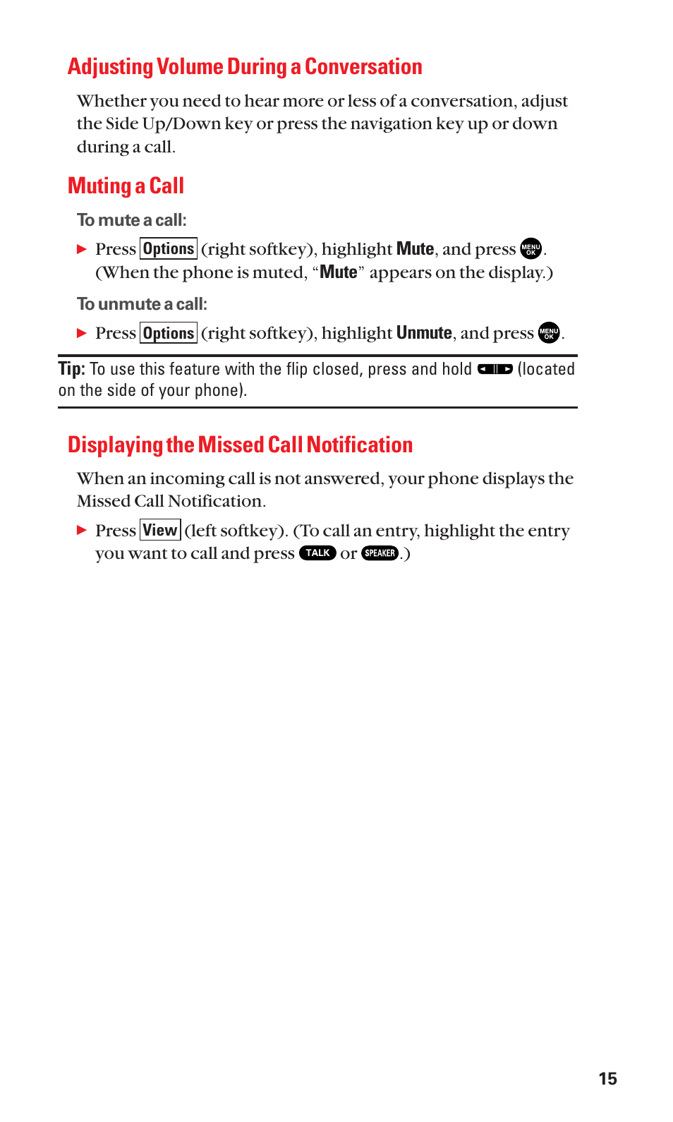 Adjusting volume during a conversation, Muting a call, Displaying the missed call notification | Sanyo SCP-2300 User Manual | Page 21 / 150