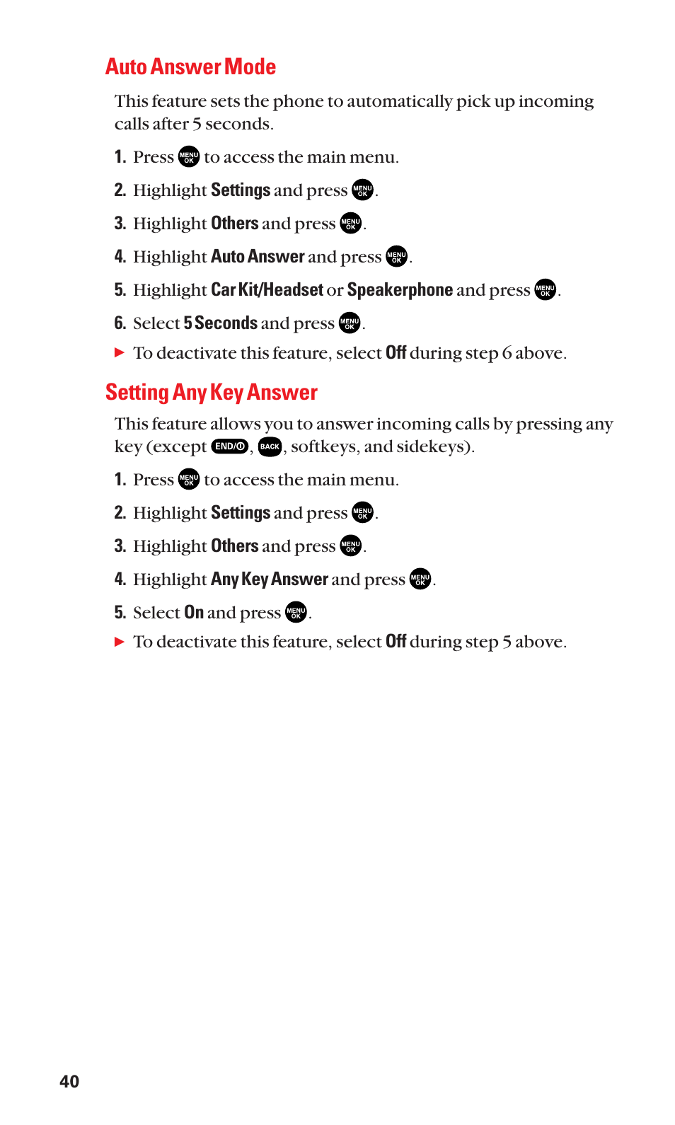 Auto answer mode, Setting any key answer | Sanyo SCP-2300 User Manual | Page 46 / 150