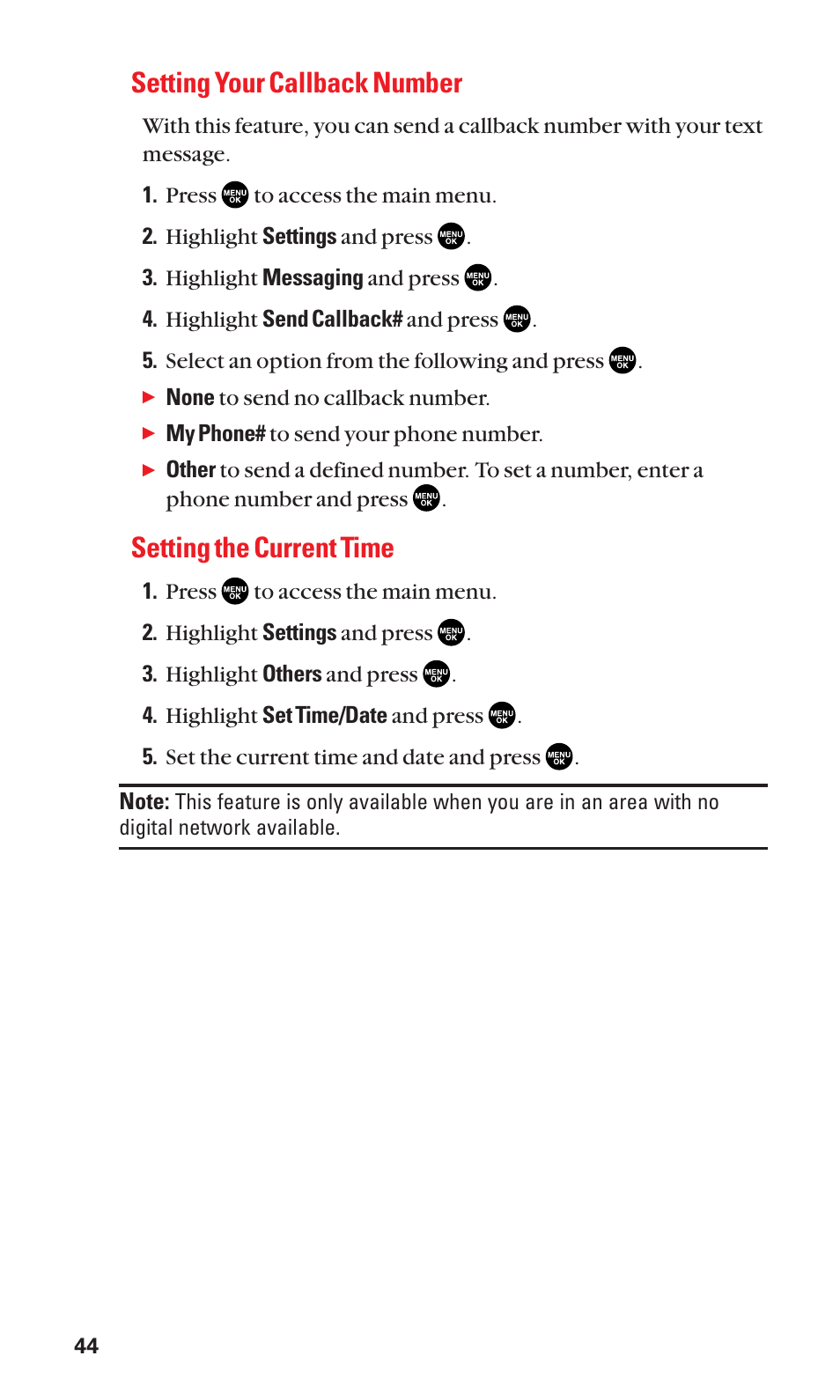 Setting your callback number, Setting the current time | Sanyo SCP-2300 User Manual | Page 50 / 150