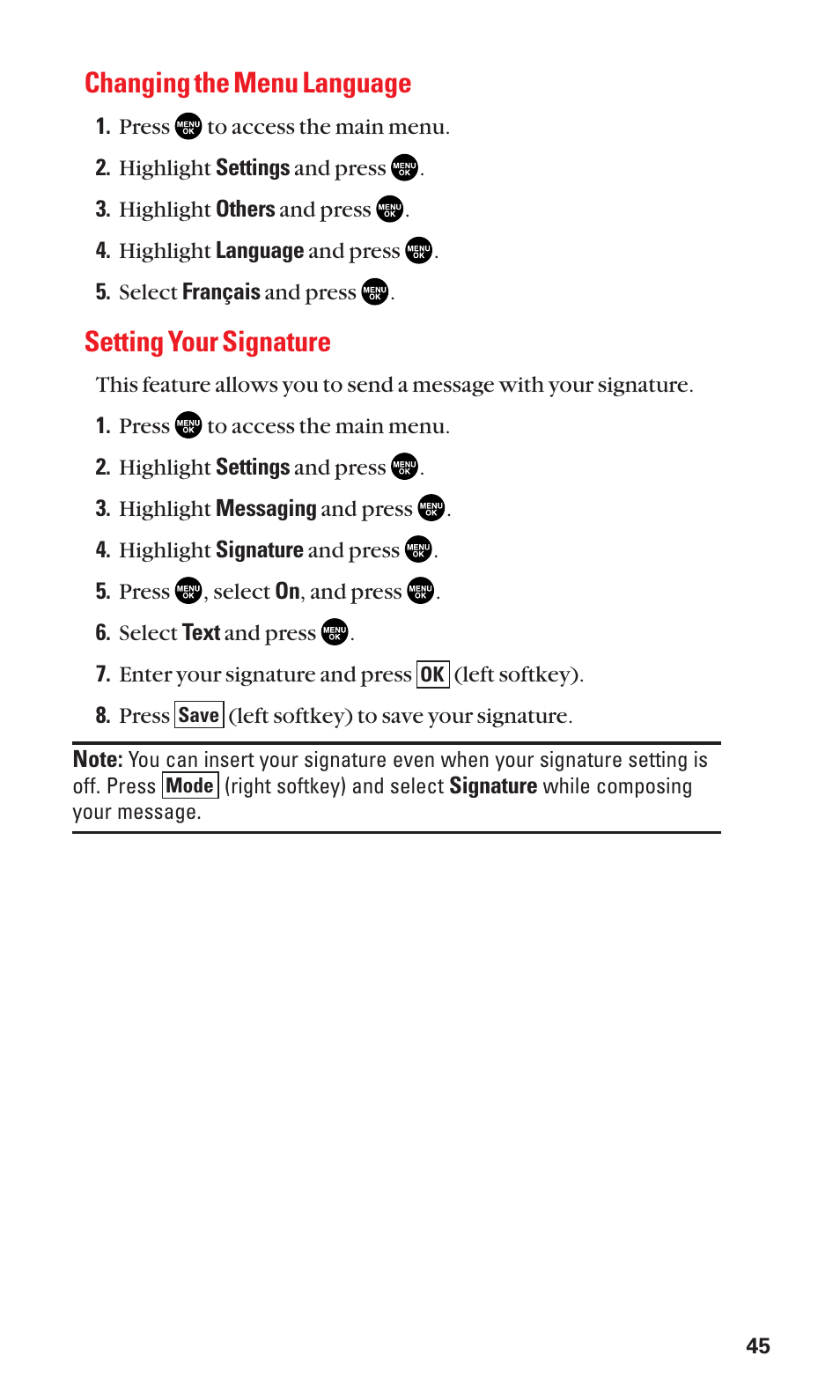 Changing the menu language, Setting your signature | Sanyo SCP-2300 User Manual | Page 51 / 150