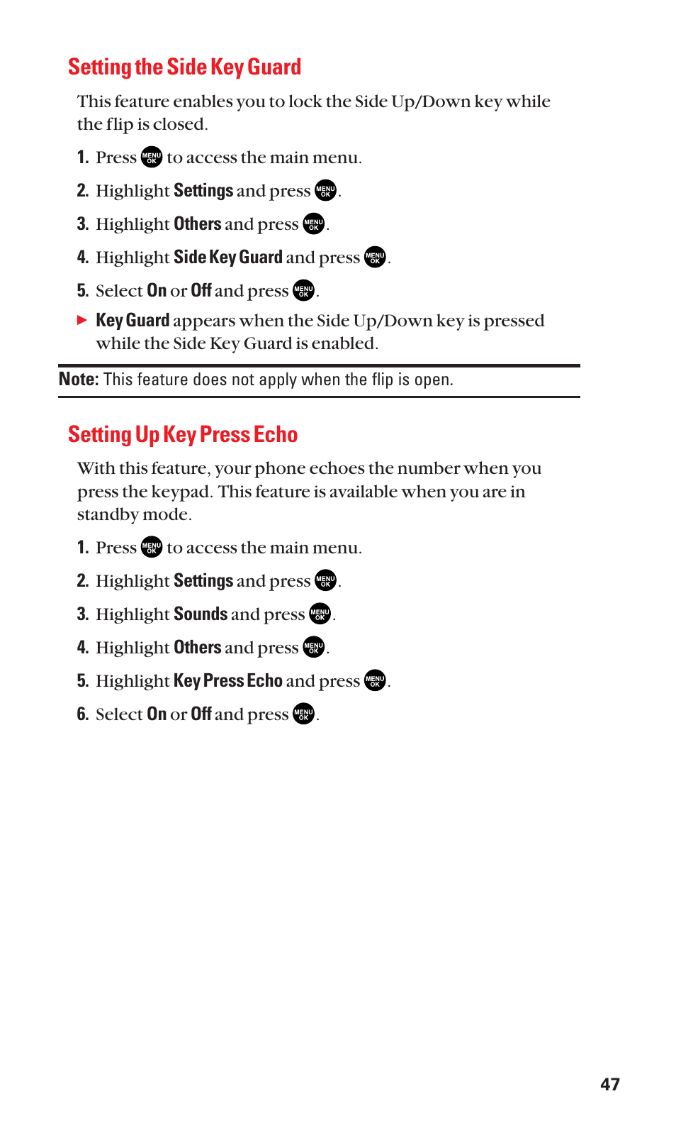 Setting the side key guard, Setting up key press echo | Sanyo SCP-2300 User Manual | Page 53 / 150