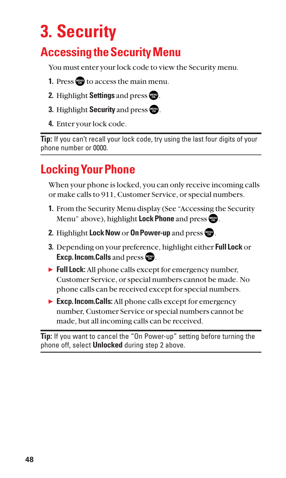 Security, Accessing the security menu, Locking your phone | Sanyo SCP-2300 User Manual | Page 54 / 150