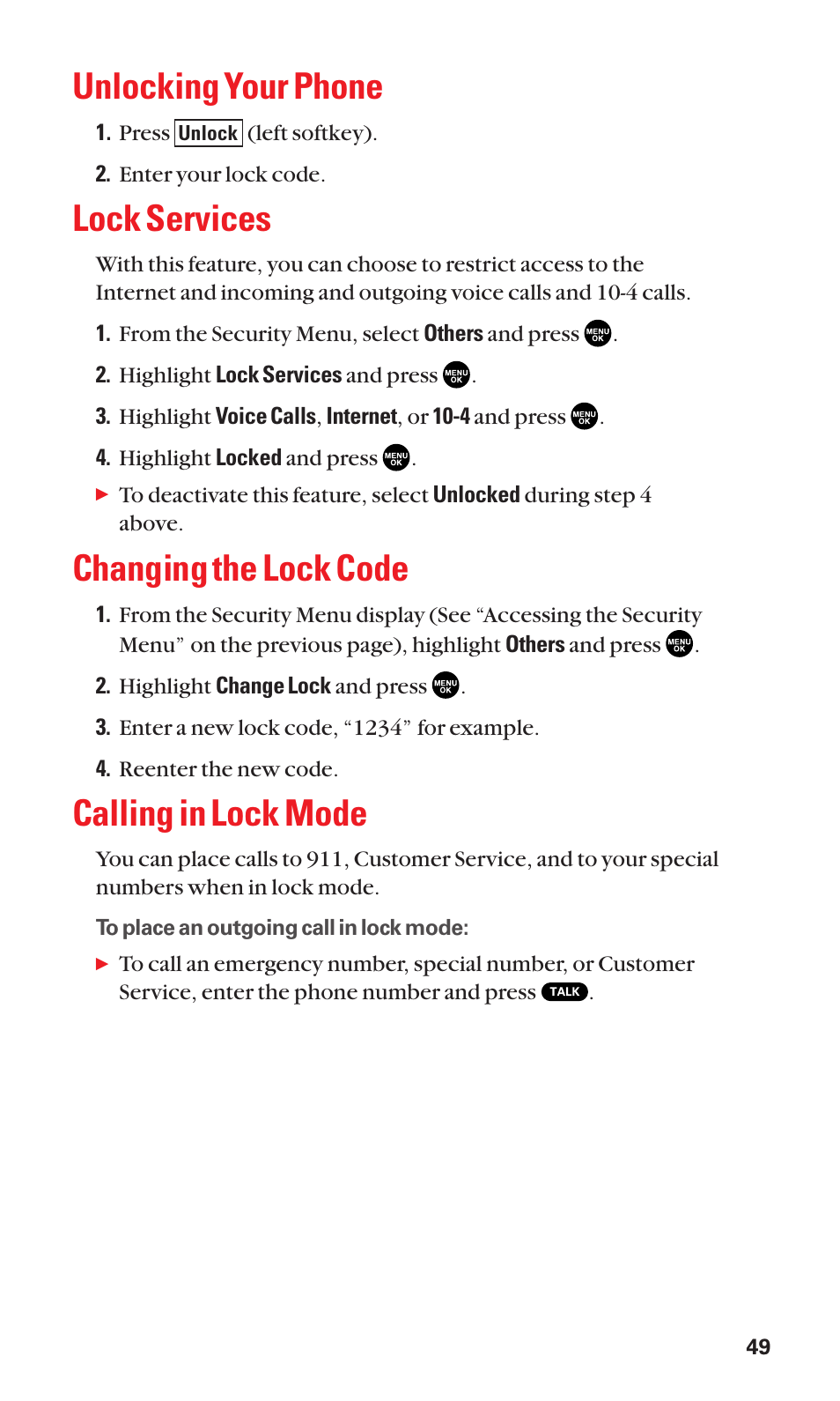 Unlocking your phone, Lock services, Changing the lock code | Calling in lock mode | Sanyo SCP-2300 User Manual | Page 55 / 150