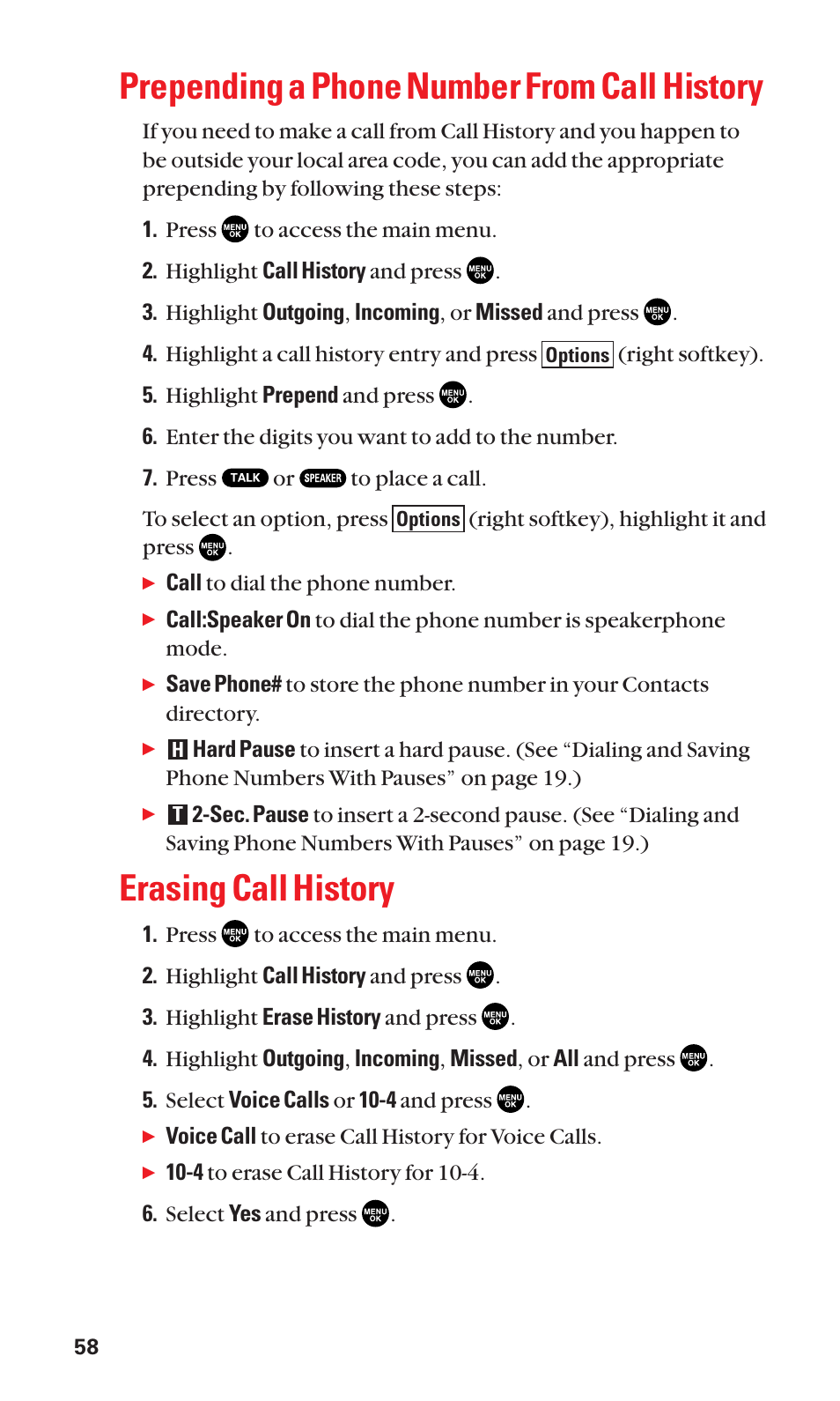 Prepending a phone number from call history, Erasing call history | Sanyo SCP-2300 User Manual | Page 64 / 150