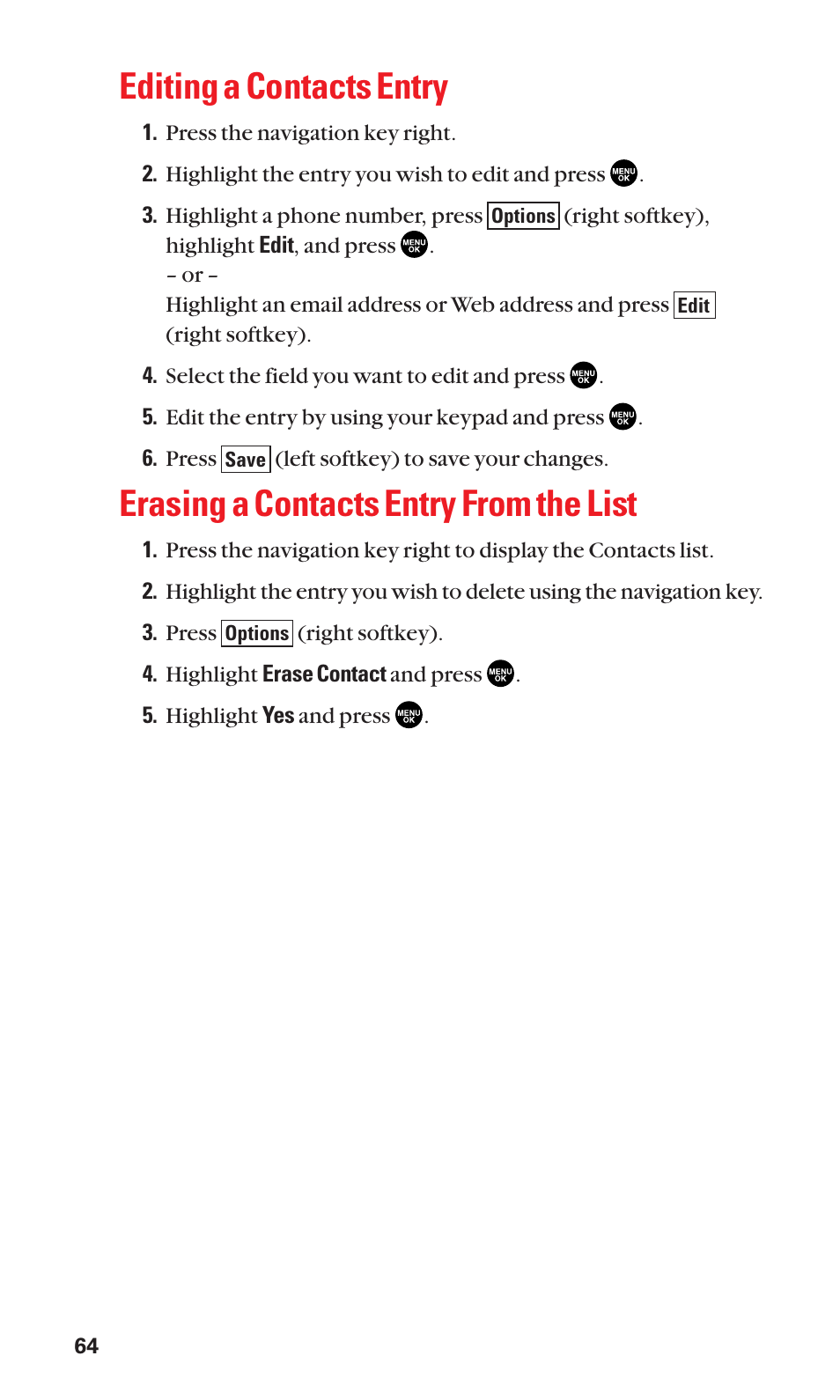Editing a contacts entry, Erasing a contacts entry from the list | Sanyo SCP-2300 User Manual | Page 70 / 150