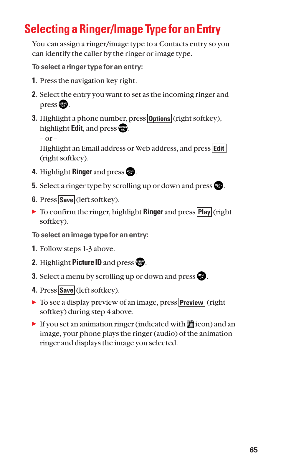 Selecting a ringer/image type for an entry | Sanyo SCP-2300 User Manual | Page 71 / 150