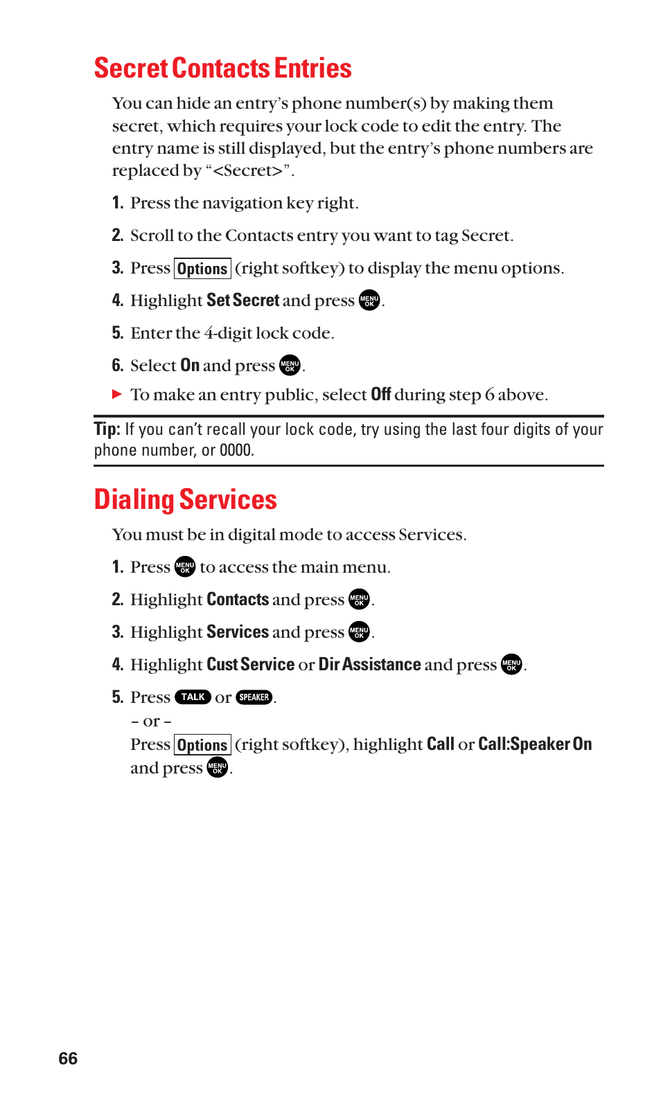 Secret contacts entries, Dialing services | Sanyo SCP-2300 User Manual | Page 72 / 150